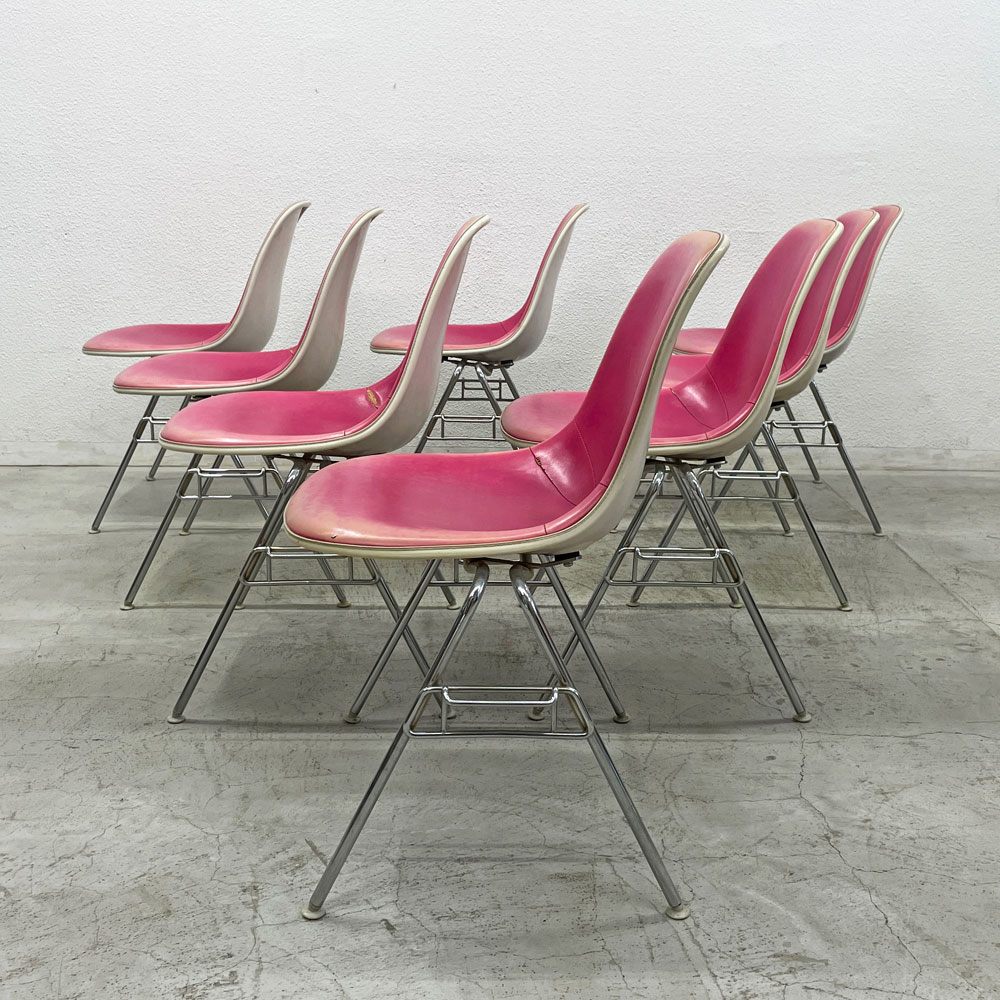 ハーマンミラー Herman Miller ビンテージ サイドシェルチェア 台車付6脚セット サード 3rd FRP PVCレザー スタッキングベース イームズ 〓