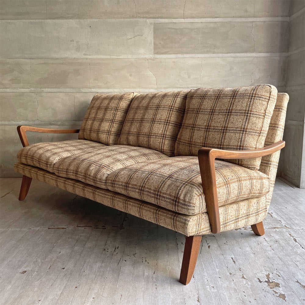 トラックファニチャー TRUCK FURNITURE 3pソファ 3人掛け ウォールナット材 フェザークッション チェック柄 レトロ ビンテージテイスト 廃番希少 ♪