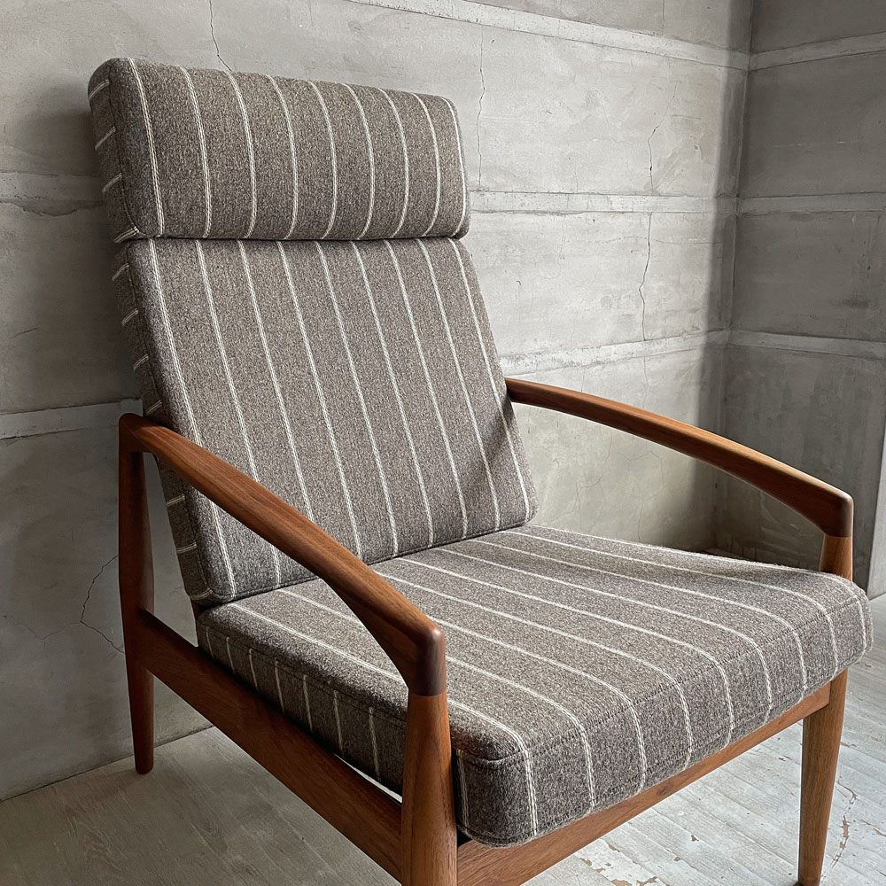 宮崎椅子製作所 ペーパーナイフソファ 1シーター 1Pソファ ラウンジチェア ウォールナット材 ヘッドレスト付き ストライプ ファブリック SAMSØ生地 カイ・クリスチャンセン ♪