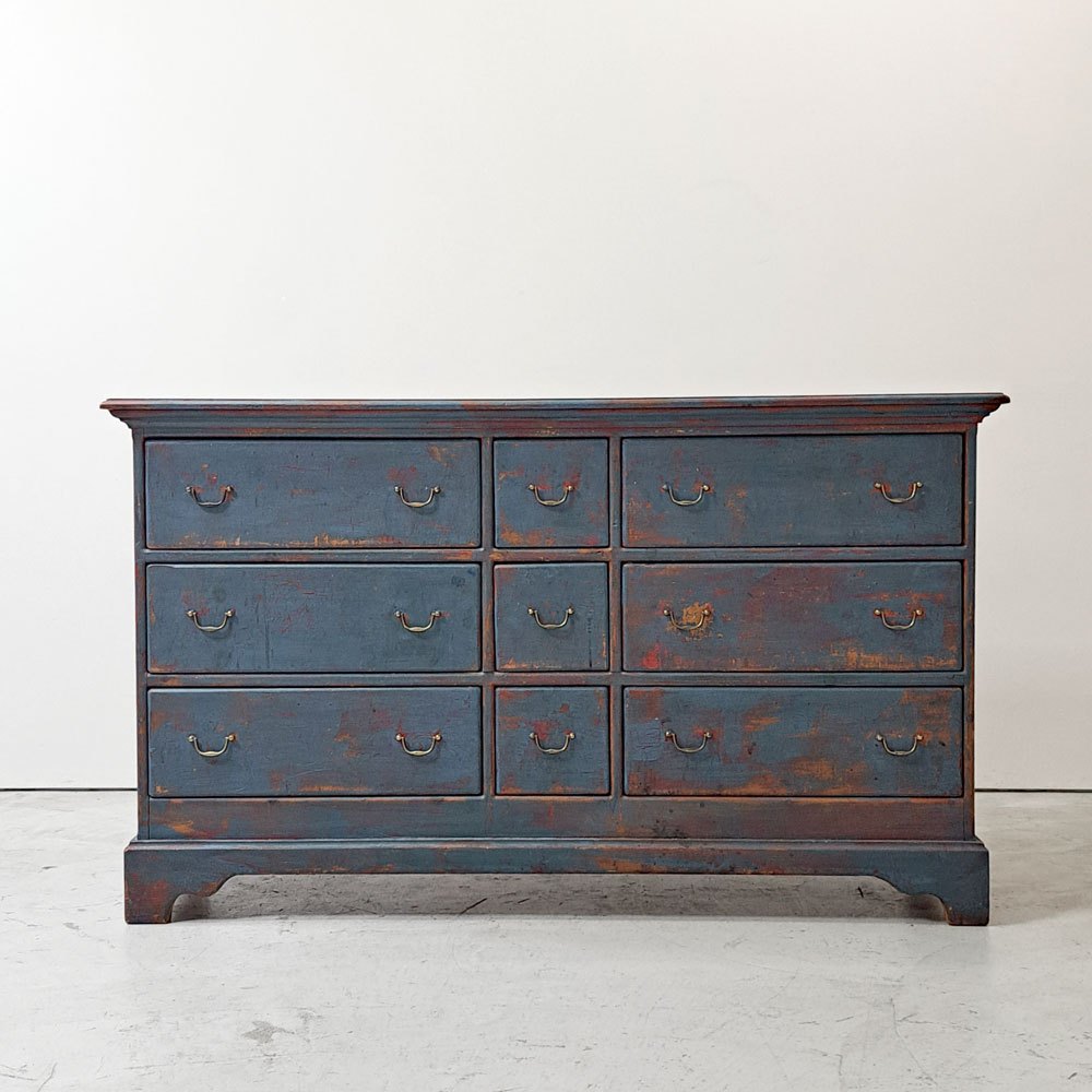 ヨーロピアンビンテージ European vintage ペインテッド ワイドチェスト 抽斗9杯 木製 クラシカル シャビーシック アンティーク ●