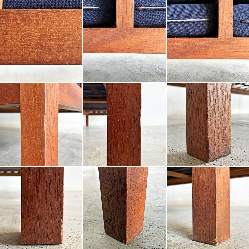 ジャクソンファニチャー Jackson Furniture チーク材 3シーターソファ 3人掛け W207cm ファブリック ネイビー系 座面ウレタン交換＆カバー張替済 USビンテージ 〓