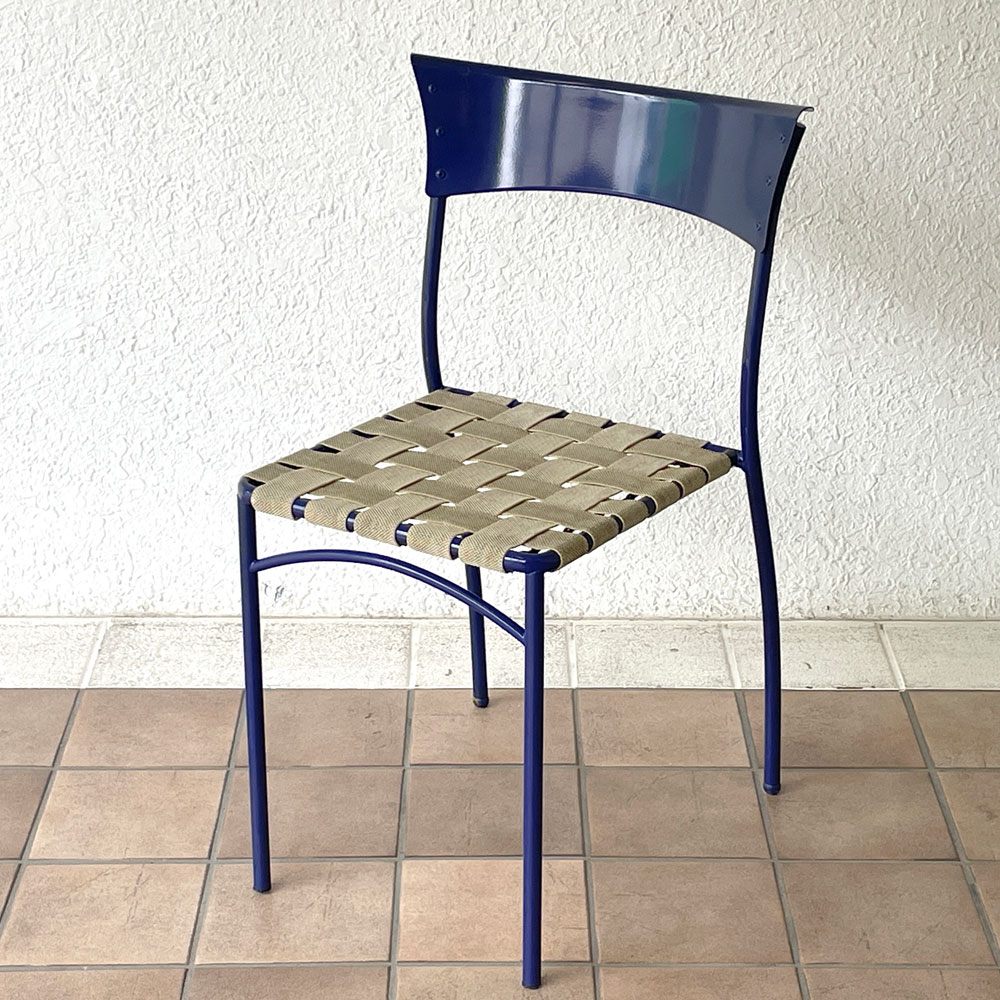 アルテラーノ ARTELANO ビンテージ スチールフレームチェア ウェービングテープ張り座面 スタッキングチェア ブルー フランス B ◇