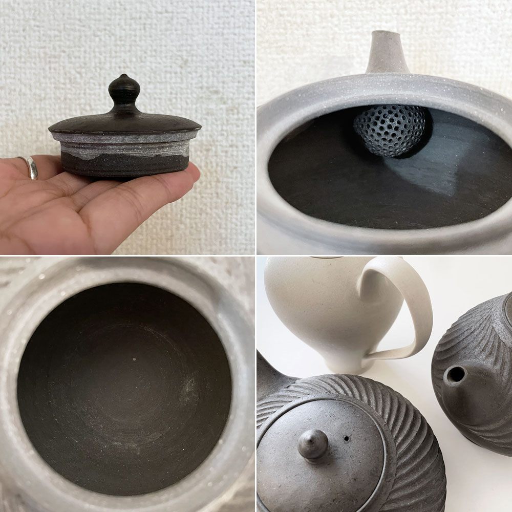 加藤財 急須 ティーポット 黒 太彫 平型 H10cm 焼締め 陶器 陶芸 現代作家 ◎