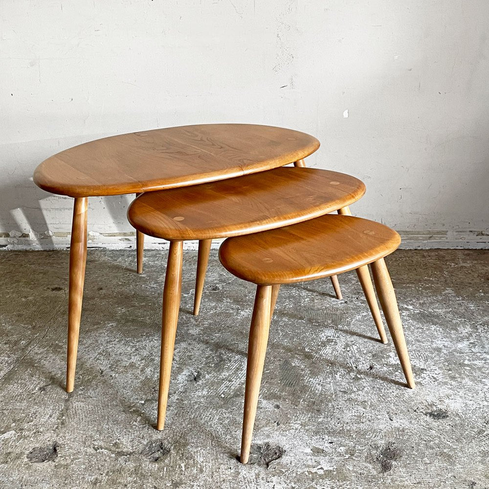アーコール ercol ペブル PEBBLE 354 ネストテーブル nest of tables サイドテーブル ブルーラベル エルム材 UKビンテージ ■