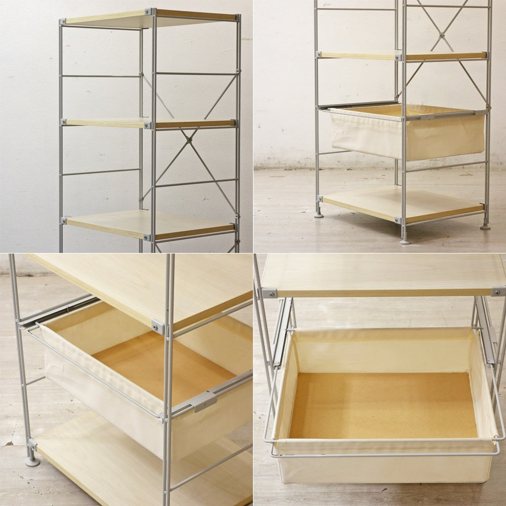 無印良品 MUJI スチールユニットシェルフ オープンシェルフ 5段 W58cm H175㎝ 木製棚板 帆布バスケット ●