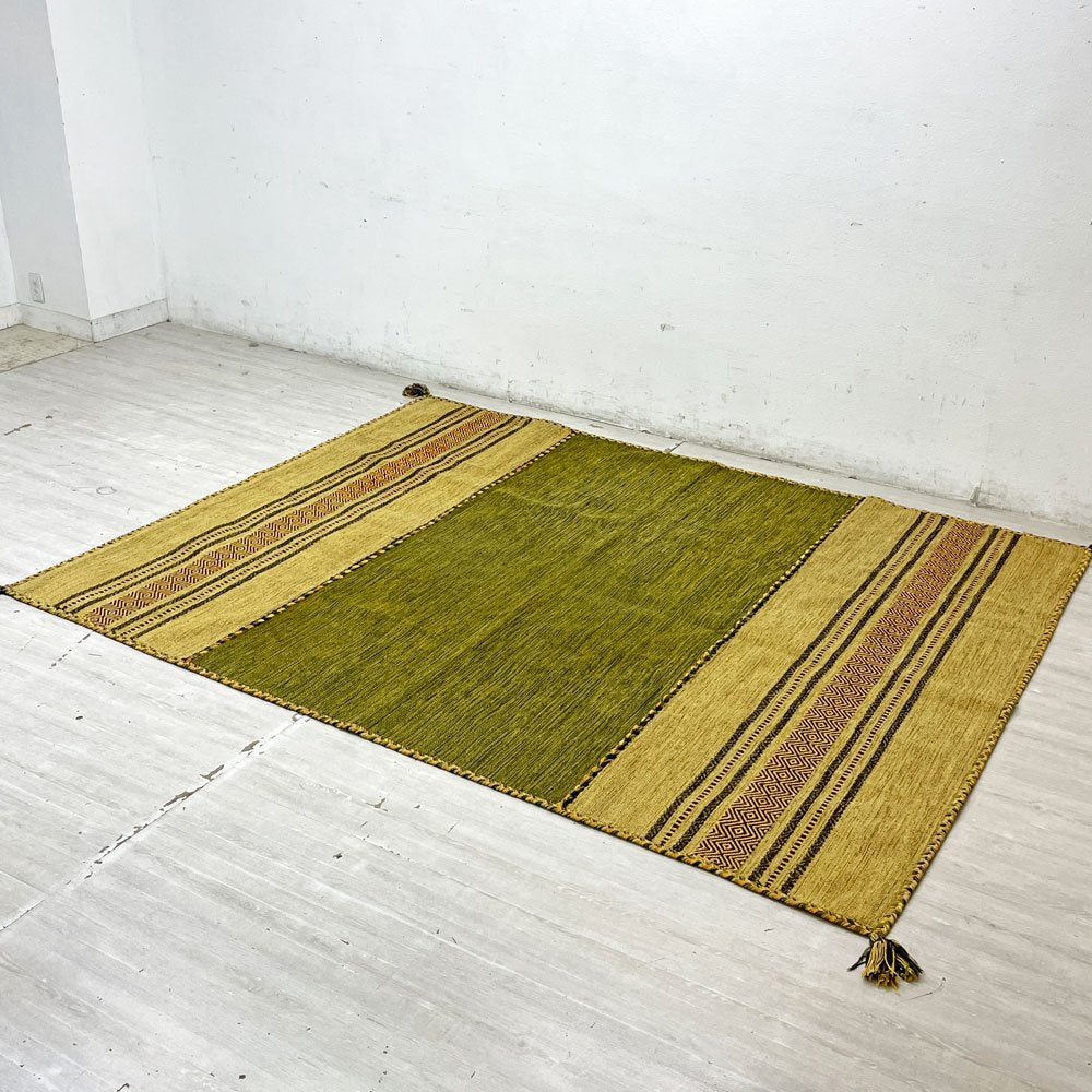 サヤンサヤン SAYANSAYAN インドキリム ラグマット インド綿 幾何学模様 手織り コットン 250×195cm グリーンベース ●