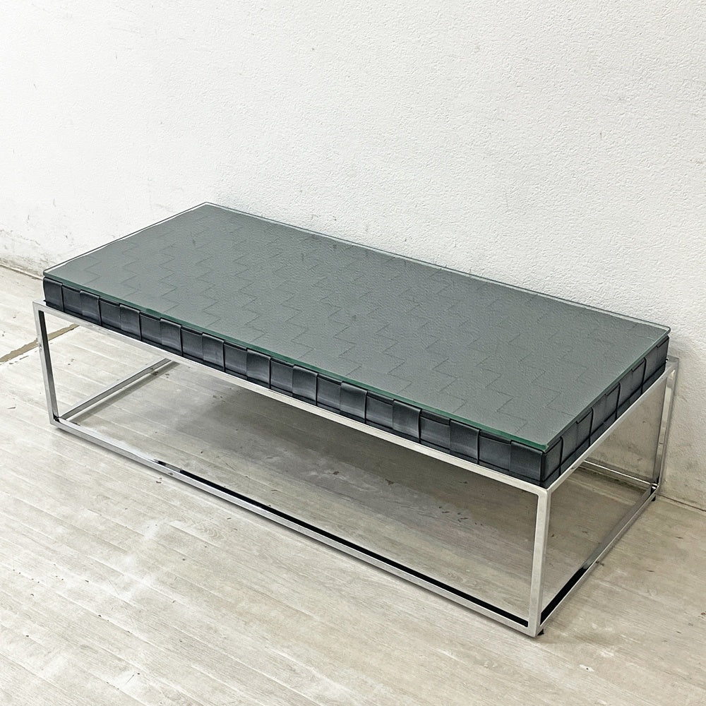 フライミーノワール FLYMEe Noir ローテーブル f571 ガラス天板×再生皮革ベルト スチール クローム仕上げ W113.5cm アジャスター付き モダンデザイン ●