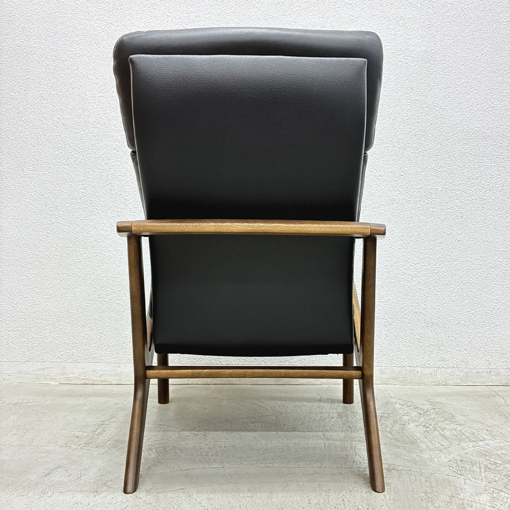 浜本工芸 HAMAMOTO KOGEI 美品 No.8000 リクライニングチェア 高級本革張り ブラック No.1120 × 無垢楢材 カフェオーク色 ハイバック 国産家具 1脚17万円以上の品 1シーターソファ パーソナルチェア ラウンジチェア アームチェア ノルディックスタイル - A 〓