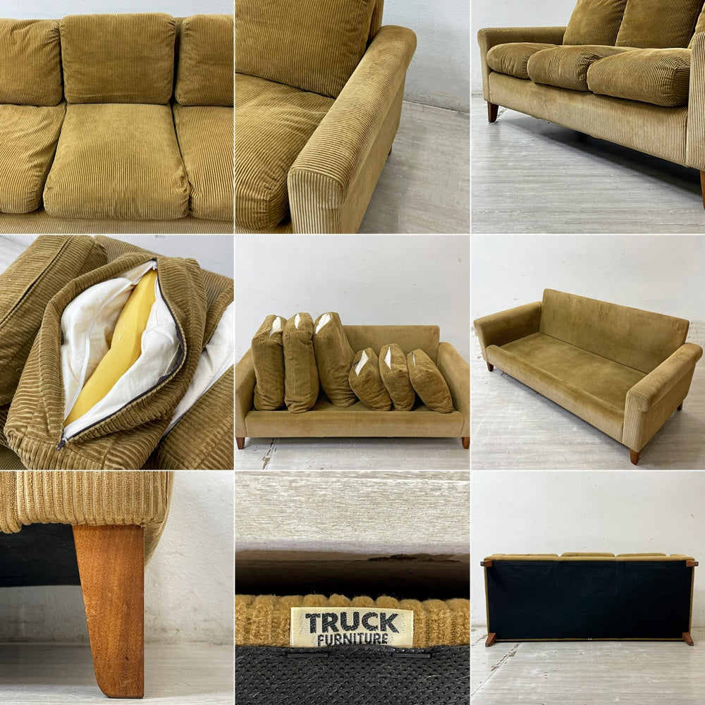 トラックファニチャー TRUCK FURNITURE FKソファ SOFA トリム TRIM 3シーター F-21 グリーンコーデュロイ ウォールナット無垢材 定価￥440,000- ●