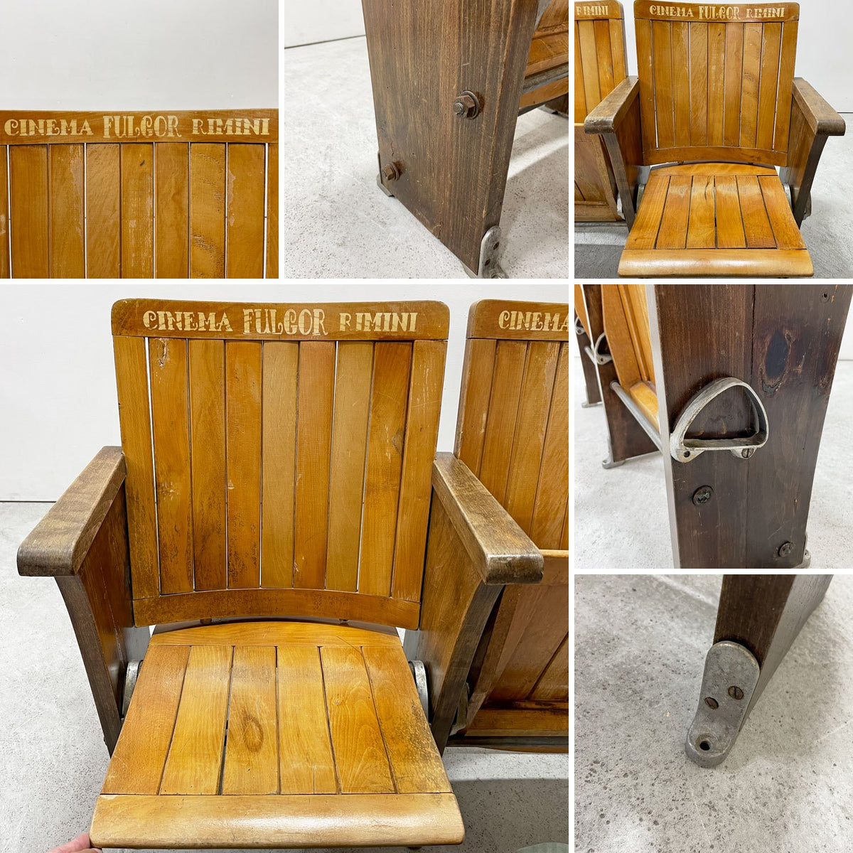 ビンテージ Vintage 木製 シアターチェア シネマチェア 2連 フォールディングチェア 跳ね上げ式 イタリア 店舗什器 H81㎝ ●