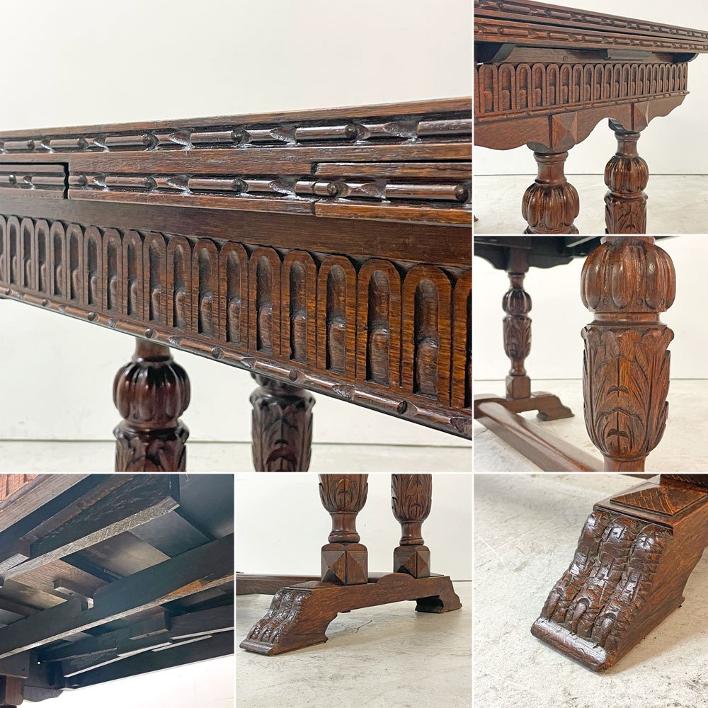 UKビンテージ Vintage ドローリーフテーブル 伸長式 オーク材 ビッグバルボスレッグ 英国家具 アンティーク ●