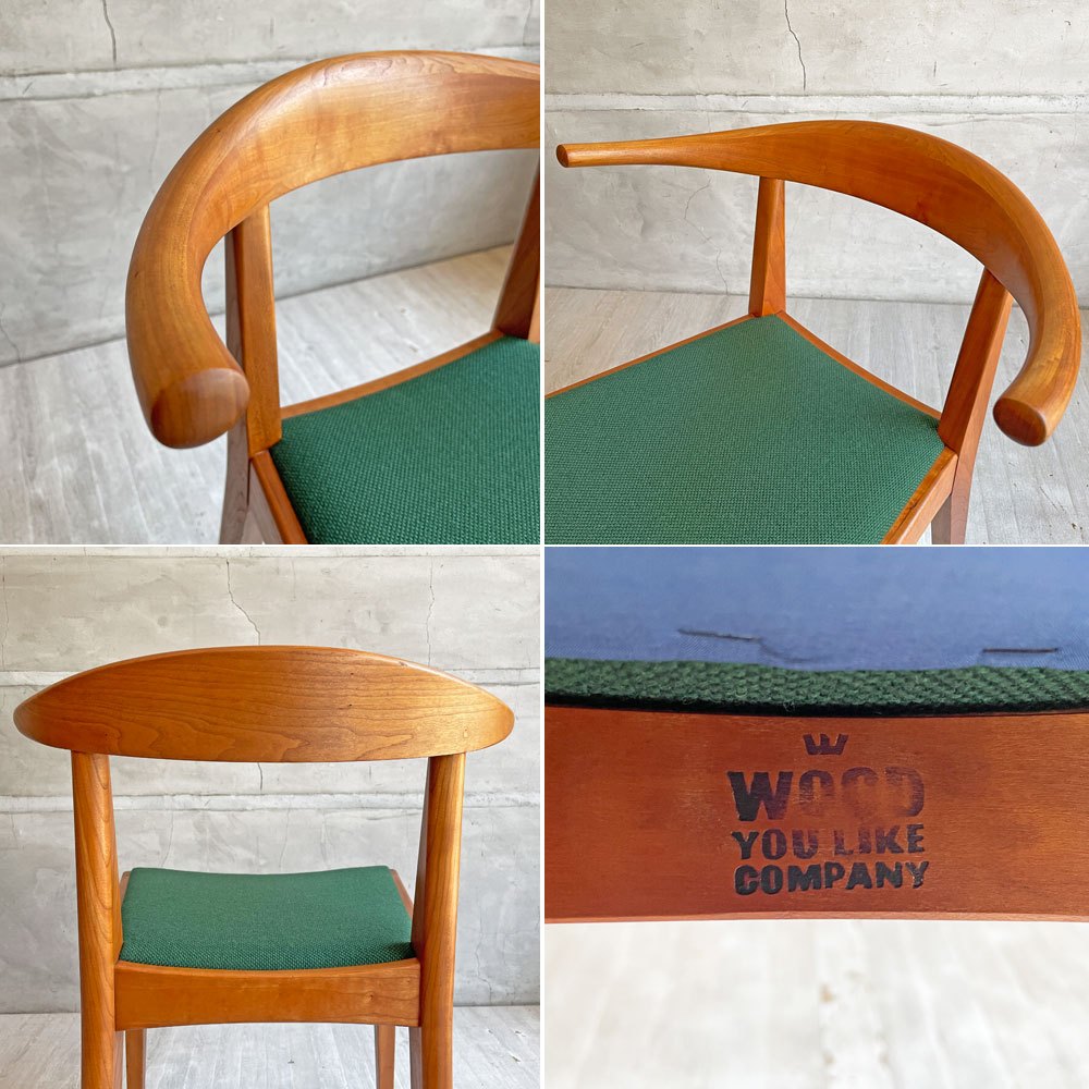 ウッドユウライクカンパニー WOOD YOU LIKE COMPANY アイチェア クッション AI CHAIR ハーフアームチェア チェリー無垢材 ファブリック グリーン 座面張替済 A ♪