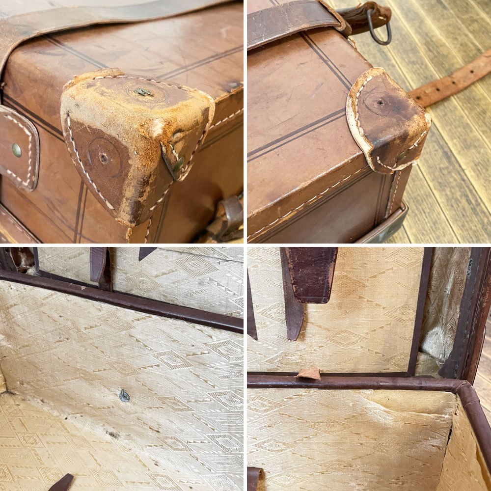ビンテージ Vintage レザートランク スーツケース ストラップ留め ブラウン 店舗什器 鍵欠品 現状品 ◎