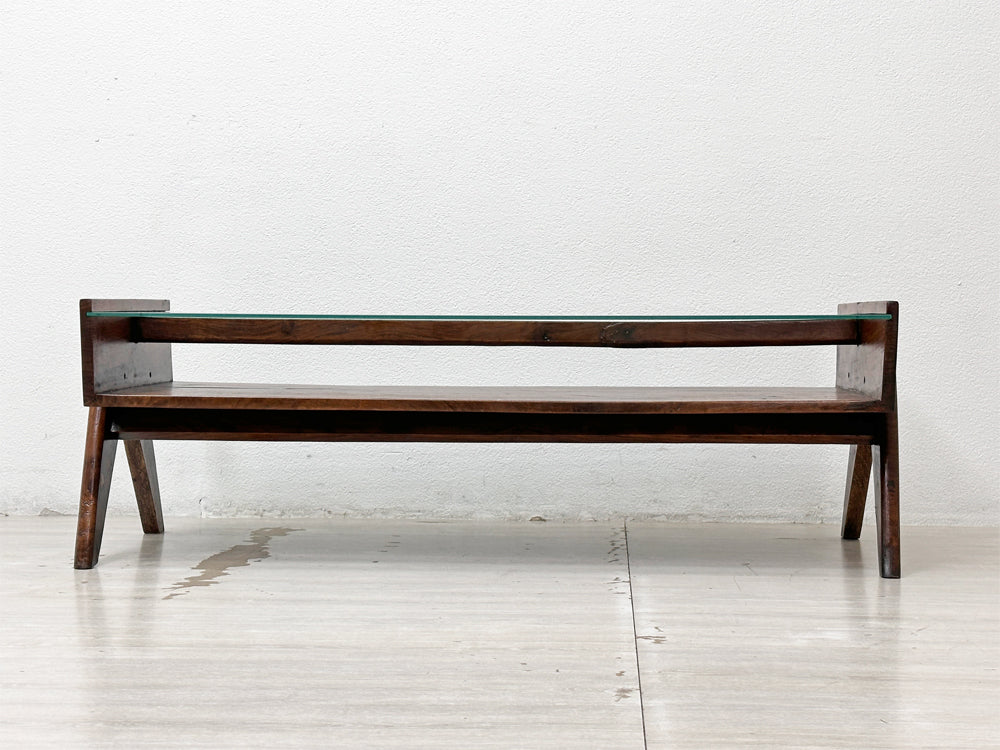 ピエールジャンヌレ Pierre Jeanneret コーヒーテーブル Coffee Table チーク無垢材 ガラス チャンディーガル レター有り 1960‘s ビンテージ PU/CH/-12 ●