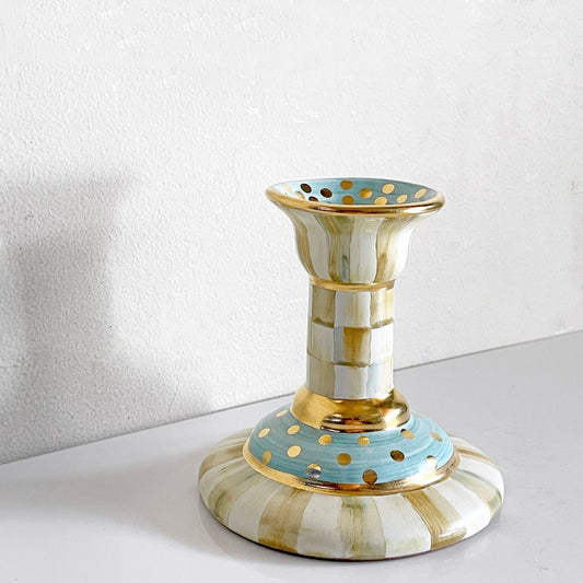 マッケンジーチャイルド Mackenzie-Child コートリーチェック柄 キャンドルホルダー Candlestick 金彩 陶器 アメリカ B ■