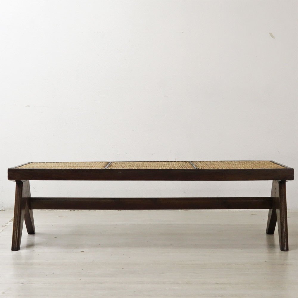 ピエールジャンヌレ Pierre Jeanneret ケーンベンチ Caned Bench チーク無垢材 チャンディーガル レター有り M.L.A.(H)-50(Ⅳ) 1960‘s ビンテージ ●