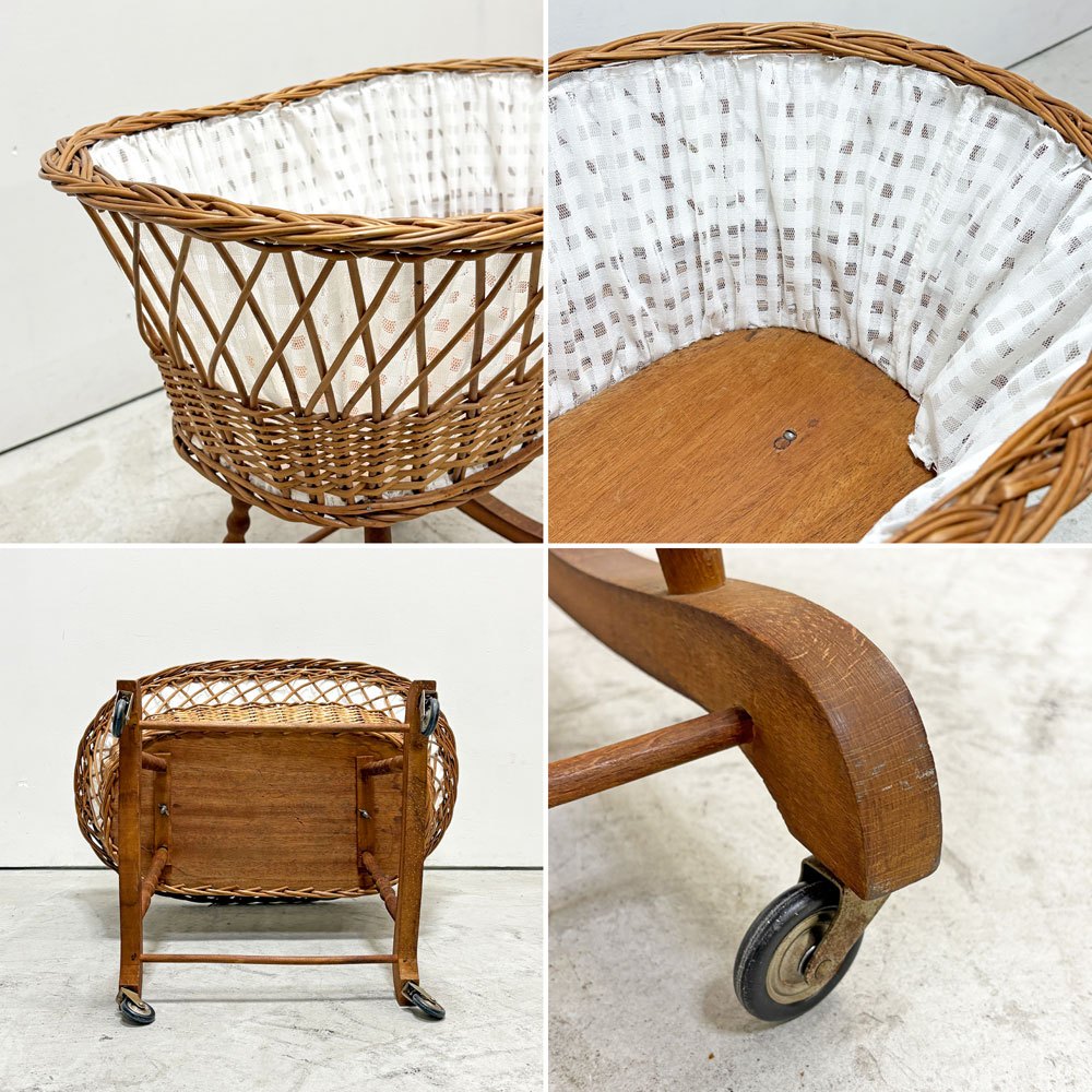 オランダビンテージ Dutch Vintage ワゴン ラタン キャスター付き  オーバル かご 店舗什器  ●