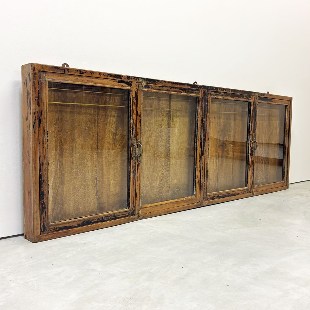 古材 ウォールディスプレイキャビネット 横型 開き戸 ネクタイ・アクセサリーハンガー付き コレクションケース 壁掛け収納 店舗什器 ●