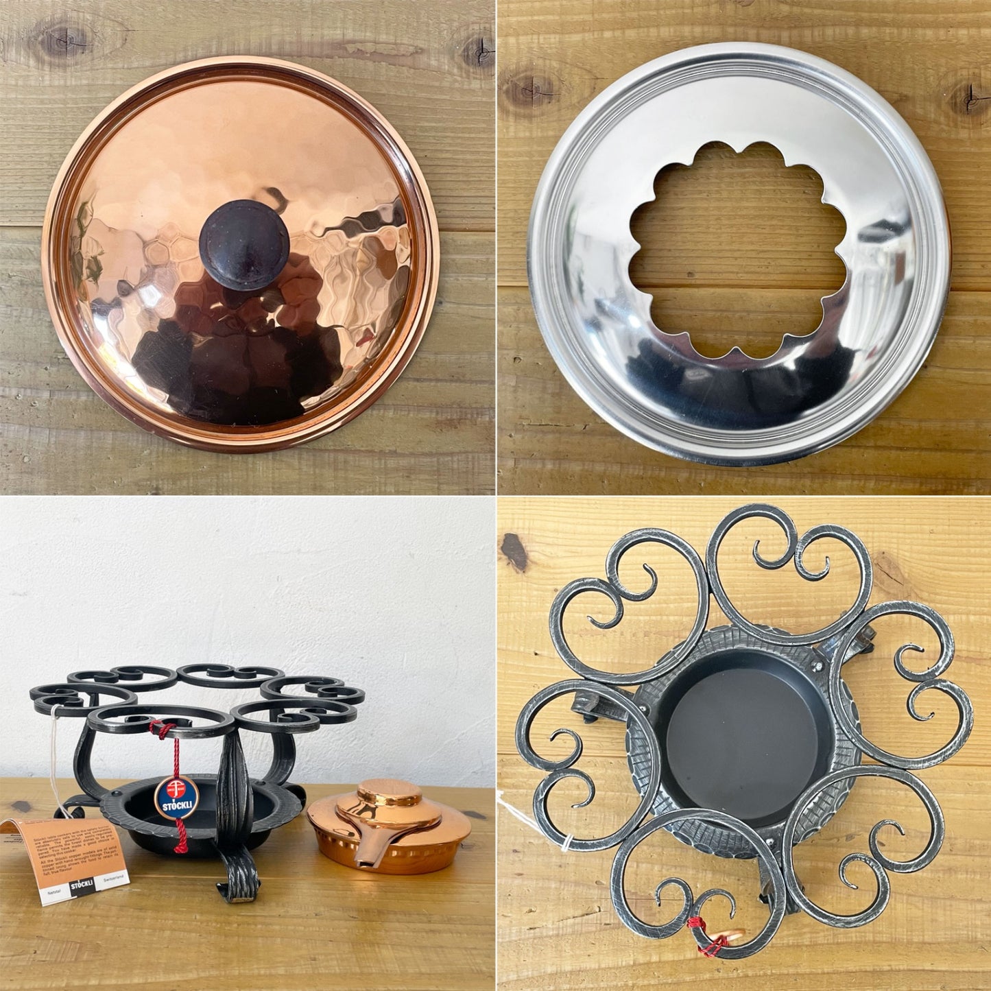 ストックリ Stockli netstal チーズフォンデュセット 槌目 銅製 片手鍋＆スタンド＆フォーク2種類 計12点 スイス 未使用保管品 ★