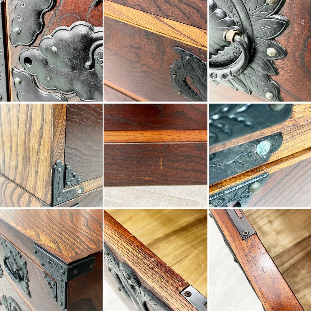 岩谷堂箪笥 鳳凰 六尺整理箪笥 ワイドチェスト 欅 拭漆 南部鉄器 伝統工芸 民芸家具 W169cm 鍵欠品 和家具 ●