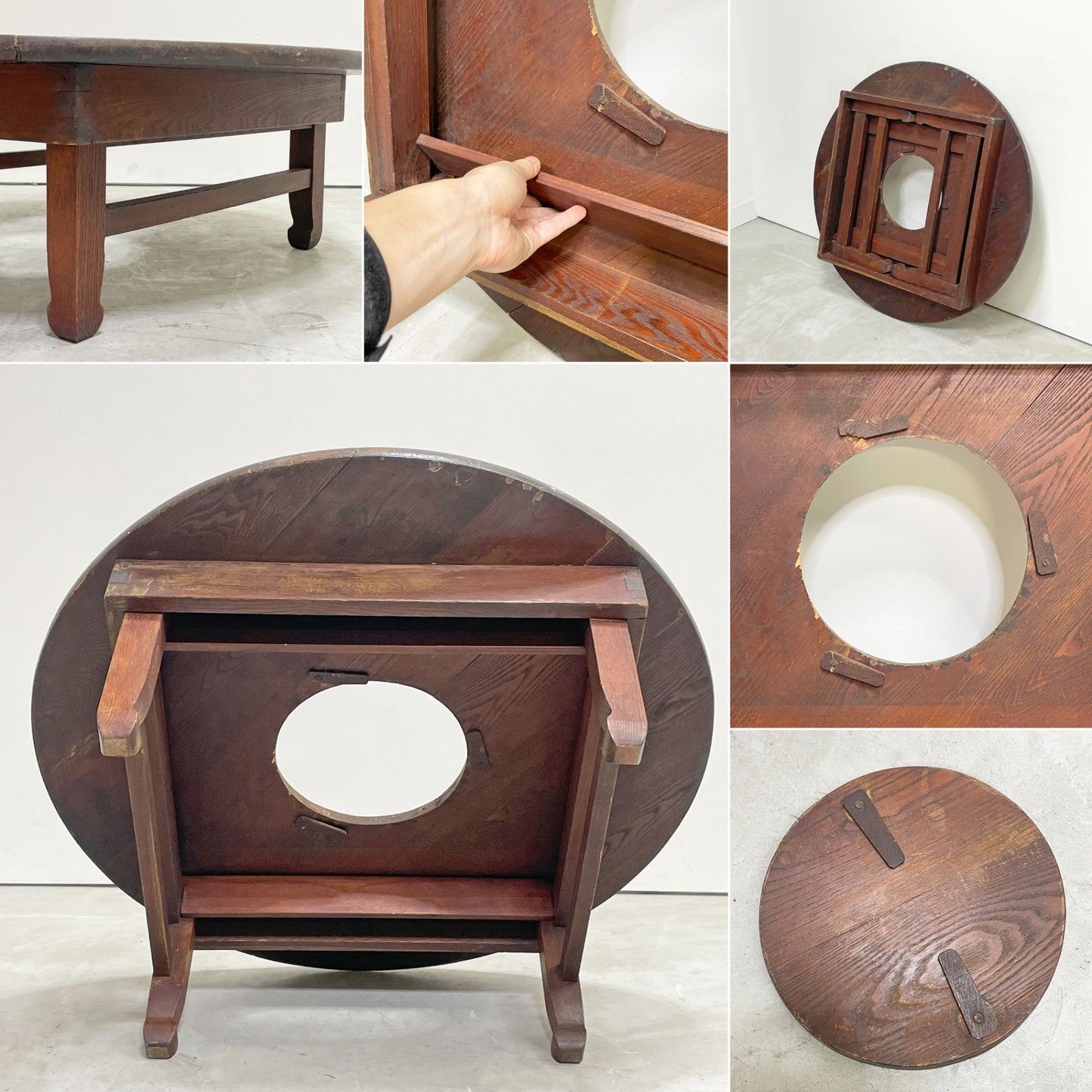 ジャパンビンテージ Japan Vintage 古い木味のちゃぶ台 丸型 折りたたみ 円卓 座卓 中央天板取り外し可能 日本古家具 昭和レトロ ●