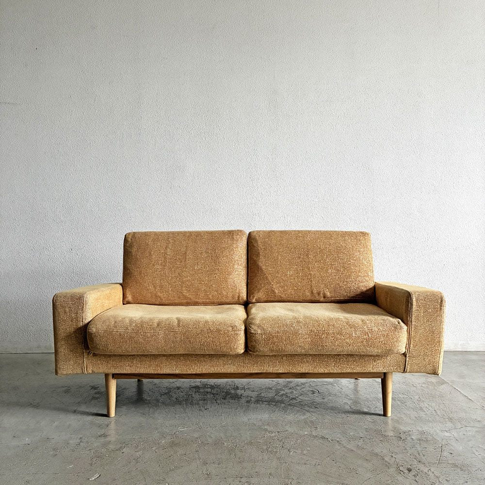 モモナチュラル MOMO Natural パトル PATORU SOFA W CUSHION 2人掛けソファ カバーリングファブリック イエロー系 オーク材脚 W155cm 定価￥117,000-以上 〓