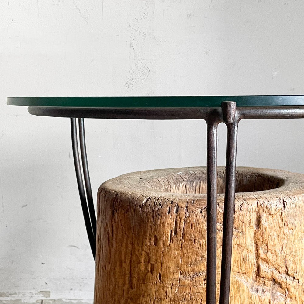 ビンテージ vintage ラウンド サイドテーブル ローテーブル 古材×ガラス×アイアン 天然木 菊池 由見子 プリミティブ ■