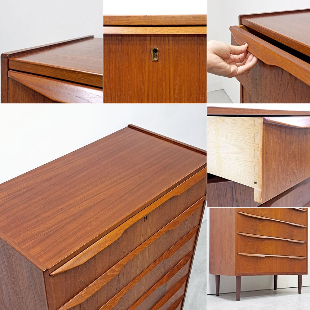 北欧ビンテージ Scandinabian Vintage チェスト 6ドロワーズ チーク材 H108cm デンマーク 北欧家具 鍵欠品 ●