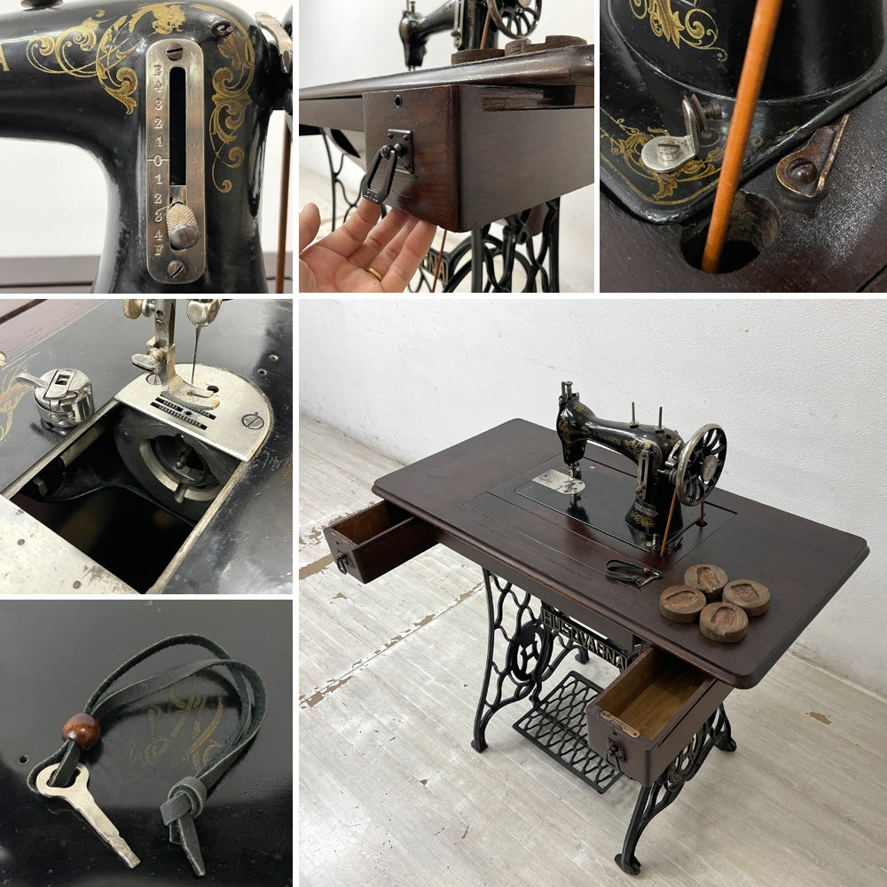 ハスクバーナ HUSQVARNA 足踏み 刺繍ミシン 網目 鋳物脚 鍵付き スウェーデンビンテージ ●