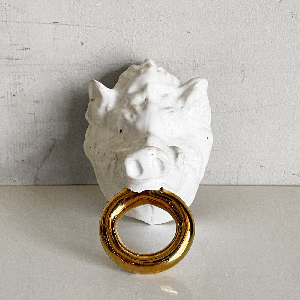 クーンケラミック Kuhn Keramik タオルホルダー boars head イノシシ 猪 壁掛け 金メッキ 陶器 ドイツ ■