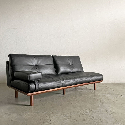 アクタス ACTUS ファイブバイファイブ five by five フラッド FLAD 2.5シーターソファ W180cm 本革 ブラックレザー ウォールナット材 松岡智之 サイドピロー付 合計定価￥316,800- 〓