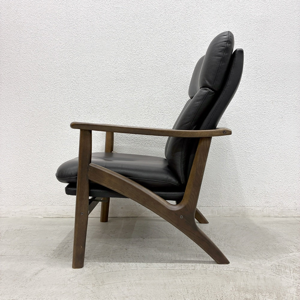 浜本工芸 HAMAMOTO KOGEI 美品 No.8000 リクライニングチェア 高級本革張り ブラック No.1120 × 無垢楢材 カフェオーク色 ハイバック 国産家具 1脚17万円以上の品 1シーターソファ パーソナルチェア ラウンジチェア アームチェア ノルディックスタイル - B 〓