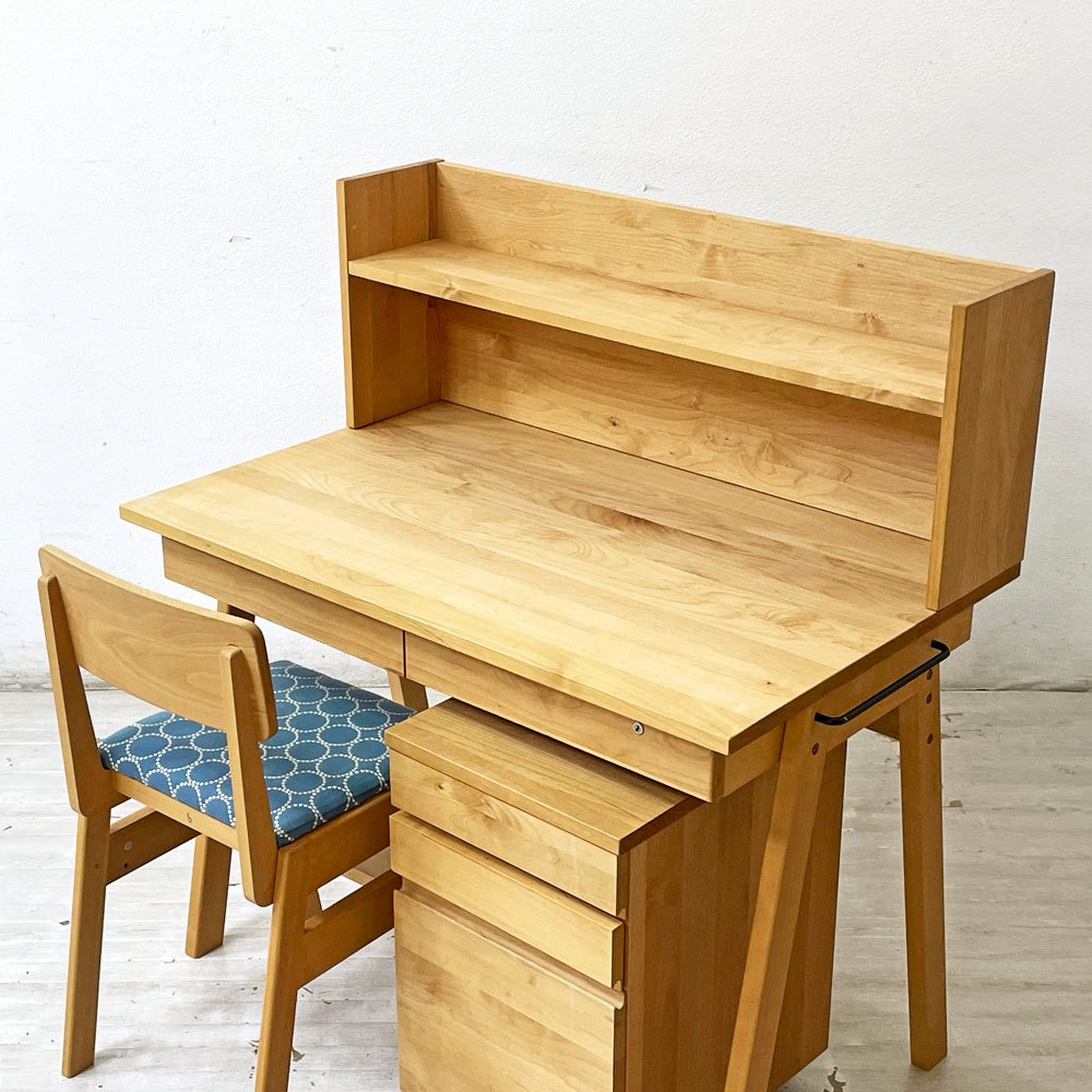 杉工場 こどもビームス デスク＋シェルフ＋チェスト＋チェア 学習机 学習椅子 アルダー材 W102cm ミナペルホネン生地 ランドスケープ監修 ●