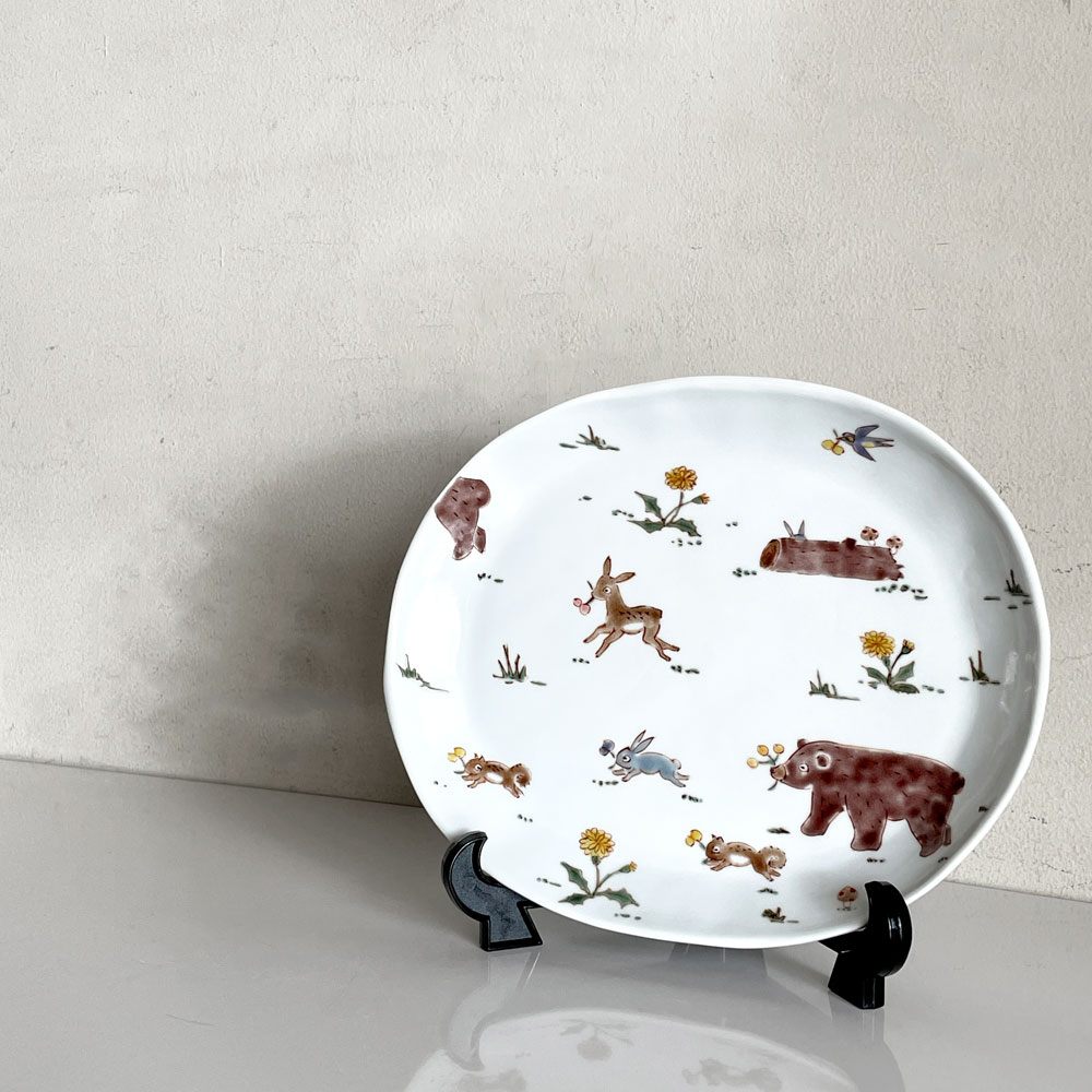 川合孝知 楕円皿 平皿 プレート 九谷焼 陶器 ヒビあり Φ23cm 現代作家 ■