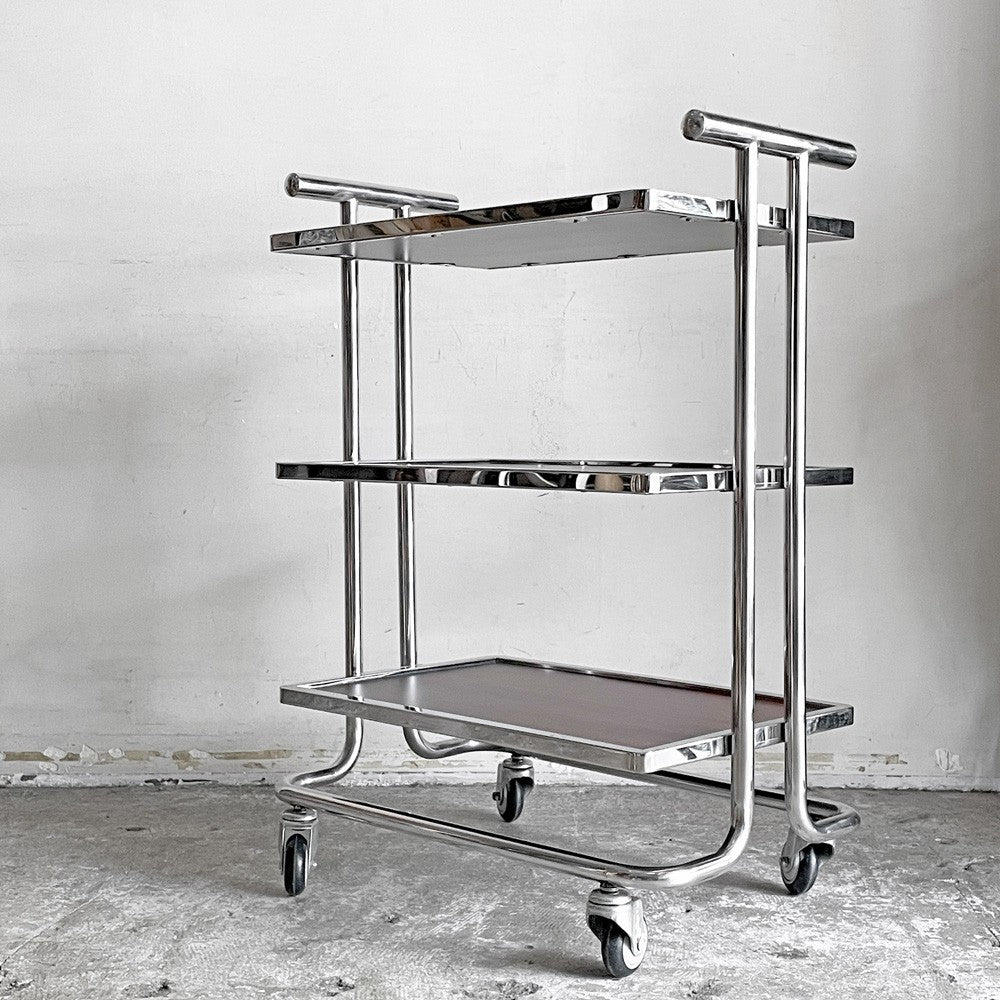 レトロデザイン サービスワゴン オープンシェルフ 木目調 キャスター付き 店舗什器 W67×H91cm ■