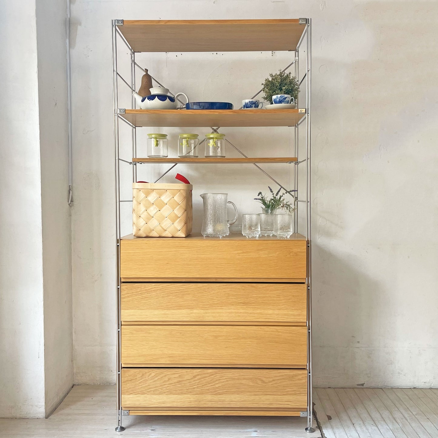 無印良品 MUJI ステンレスユニットシェルフ オーク材 棚3枚 2段引出し2個 小棚 収納家具★