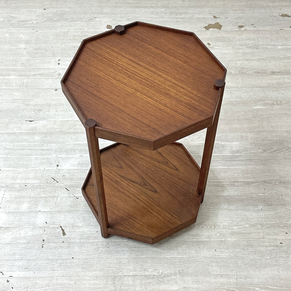 ジャパンビンテージ チーク材 八角形 サイドテーブル 花台 キャスター付き vintage ●