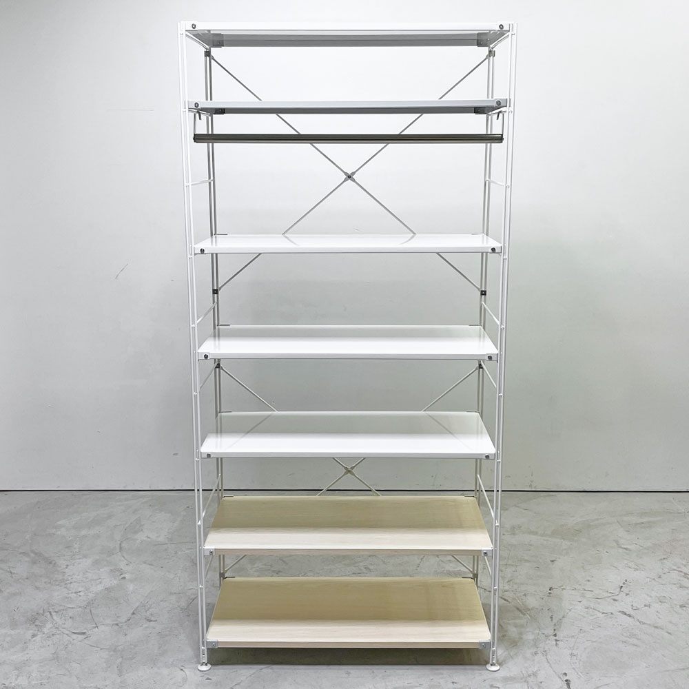 無印良品 MUJI スチールユニットシェルフ ワイド W86×H175cm 7段 スチール棚板 化粧板棚板 ホワイト×ナチュラル ワードローブバー付き ●