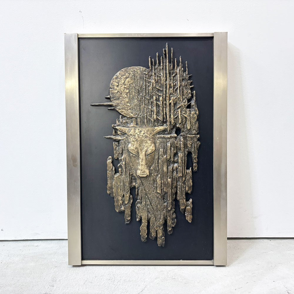 西村忠 ブロンズレリーフ 『静夜』 額装品 彫刻 金属造形 壁掛けインテリア ●