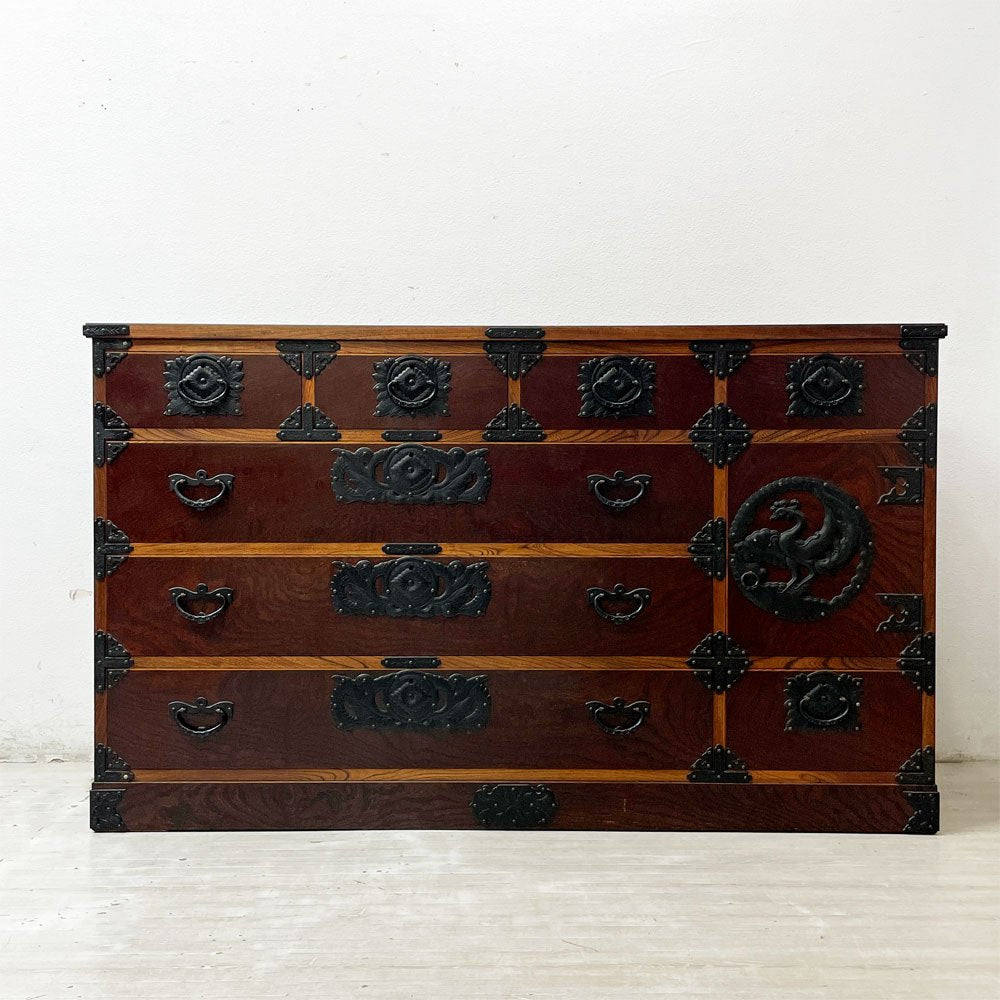 岩谷堂箪笥 鳳凰 六尺整理箪笥 ワイドチェスト 欅 拭漆 南部鉄器 伝統工芸 民芸家具 W169cm 鍵欠品 和家具 ●