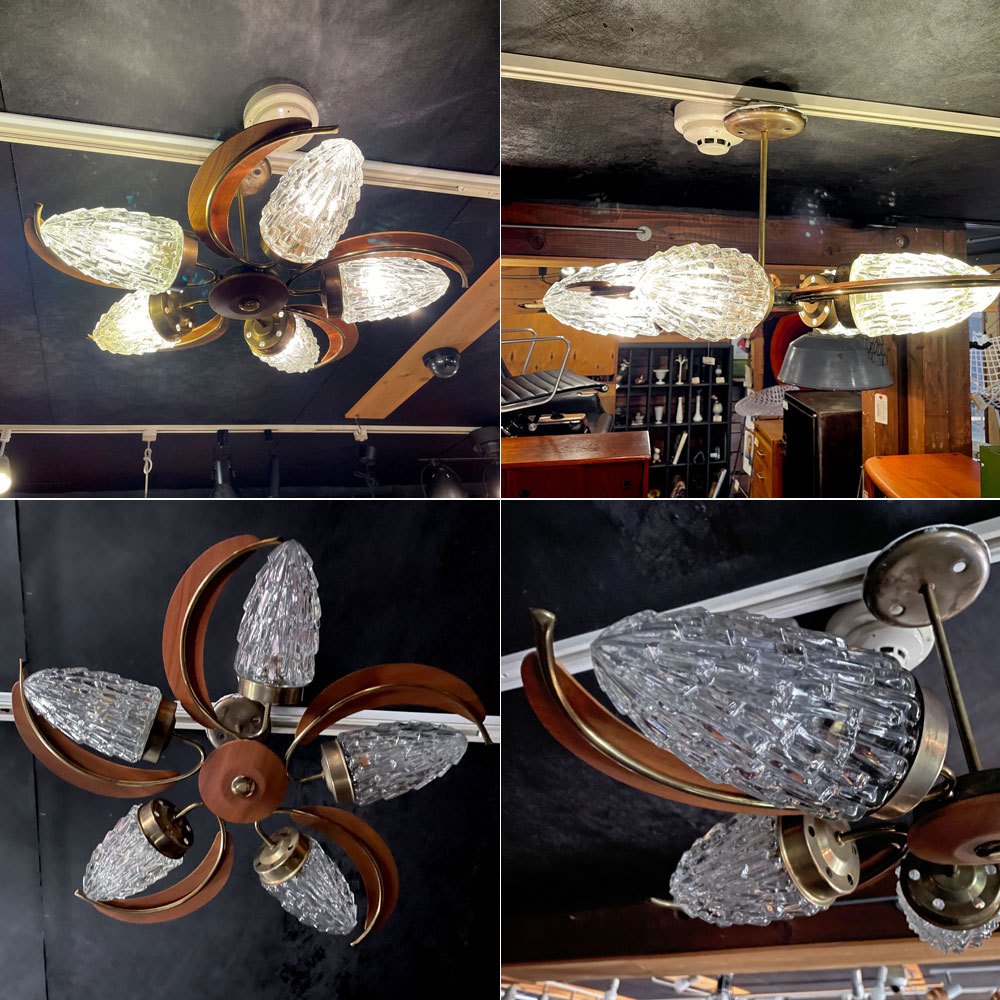 UKビンテージ UK Vintage 5灯 ペンダントライト ガラスシェード チーク材 60～70年代 ミッドセンチュリーデザイン 北欧スタイル 要電気工事 ♪