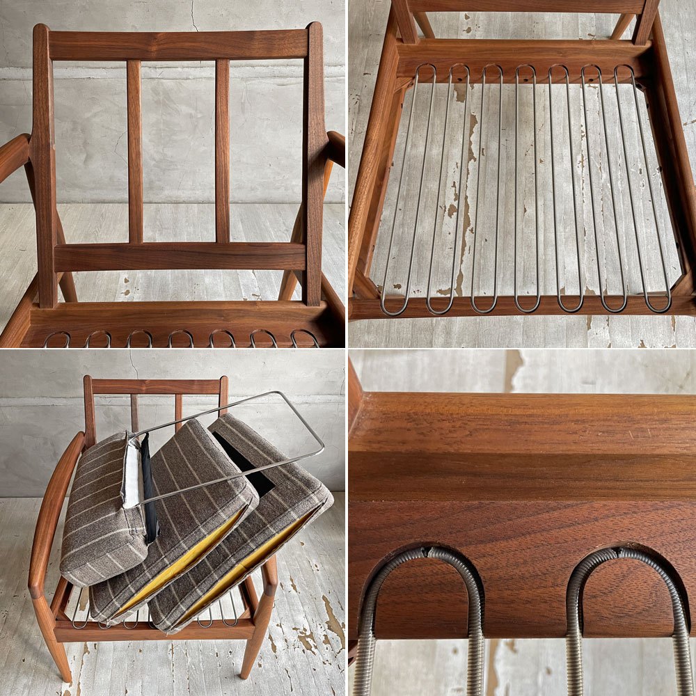 宮崎椅子製作所 ペーパーナイフソファ 1シーター 1Pソファ ラウンジチェア ウォールナット材 ヘッドレスト付き ストライプ ファブリック SAMSØ生地 カイ・クリスチャンセン ♪