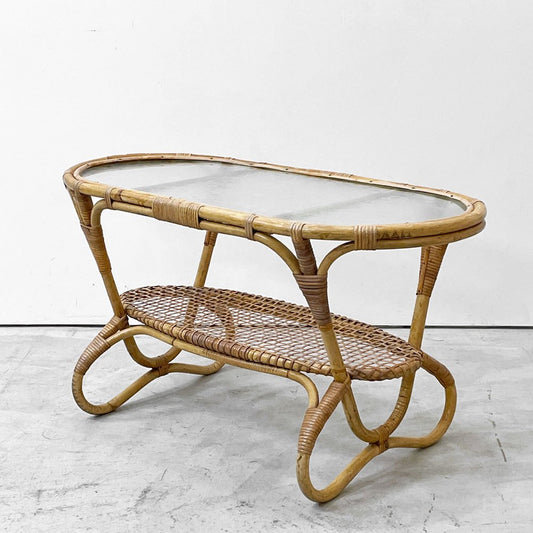 UKビンテージ Vintage ガラストップ ラタン コーヒーテーブル オーバル エッチングガラス ラック付き アンティーク 英国家具 ●