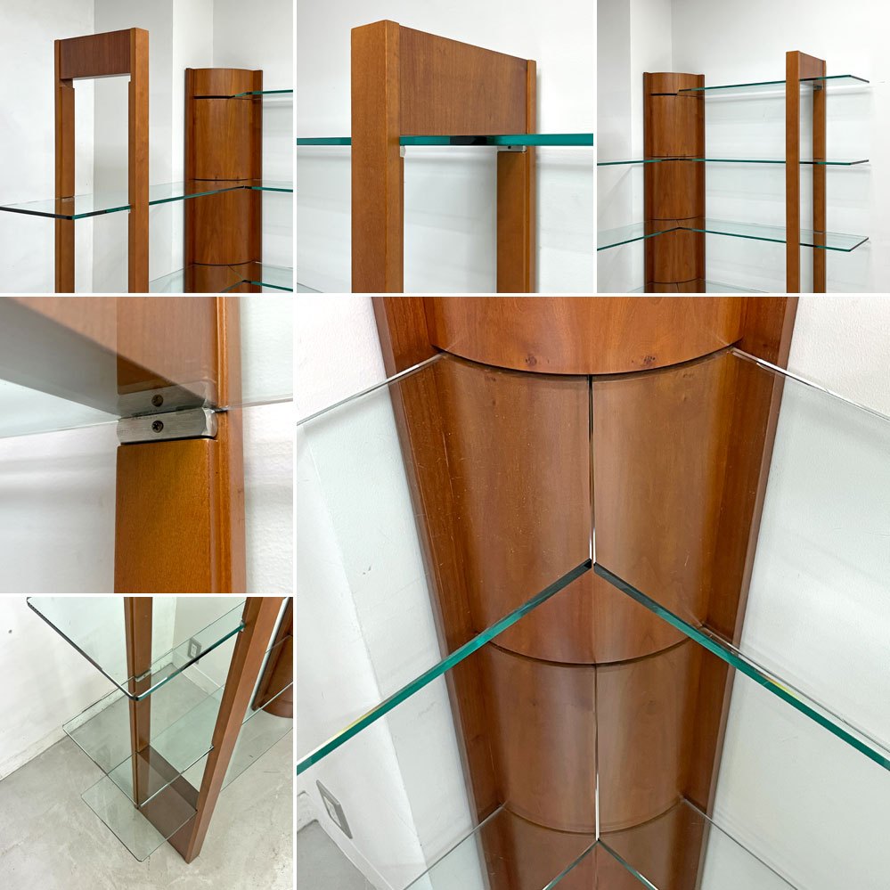 モダンデザイン Modern Design コーナー オープンシェルフ ディスプレイシェルフ 4段 チェリー材 × ガラス H167cm 店舗什器 ●