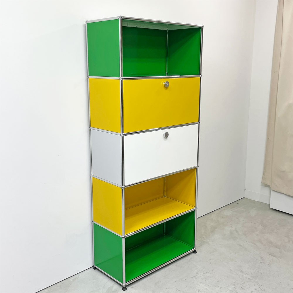 USMハラー USM Haller モジュラーファニチャー キャビネット シェルフ 1列5段 ドロップダウンドア×2 USMグリーン ゴールデンイエロー ピュアホワイト スイス 鍵付き ●
