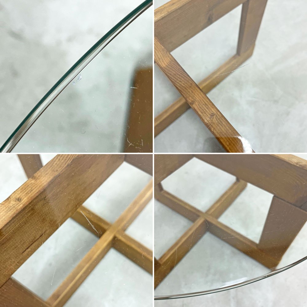ビンテージスタイル Vintage Style ガラステーブル 木製 クロス脚 ラウンド Φ60cm サイドテーブル コーヒーテーブル ●