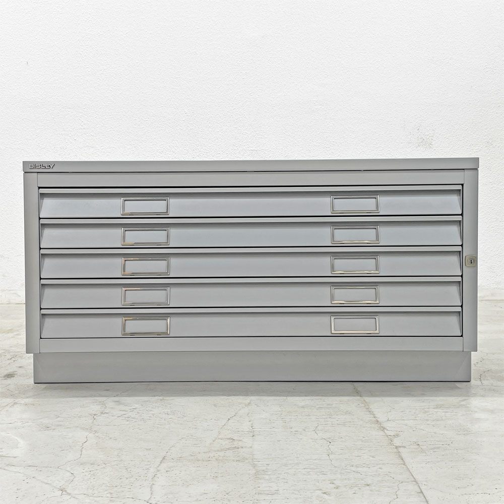 ビスレー BISLEY FCB43 A1サイズ マップケース 引き出し5段 鍵付き シルバー キャビネット ポスター 図面 画材 絵画保管 イギリス 定価約275,000円 〓