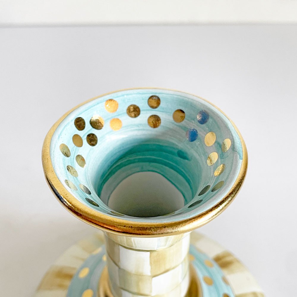 マッケンジーチャイルド Mackenzie-Child コートリーチェック柄 キャンドルスティック Candlestick 金彩 陶器 アメリカ A ■