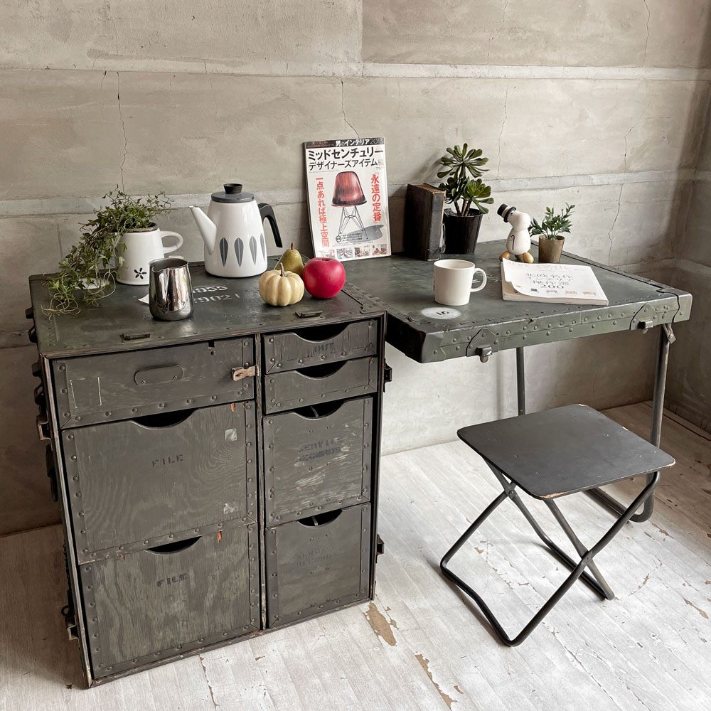 USビンテージ Vintage フィールドデスク フォールディング 中隊デスク チェスト スツール付き ミリタリー サープラス 米軍 US ARMY ♪