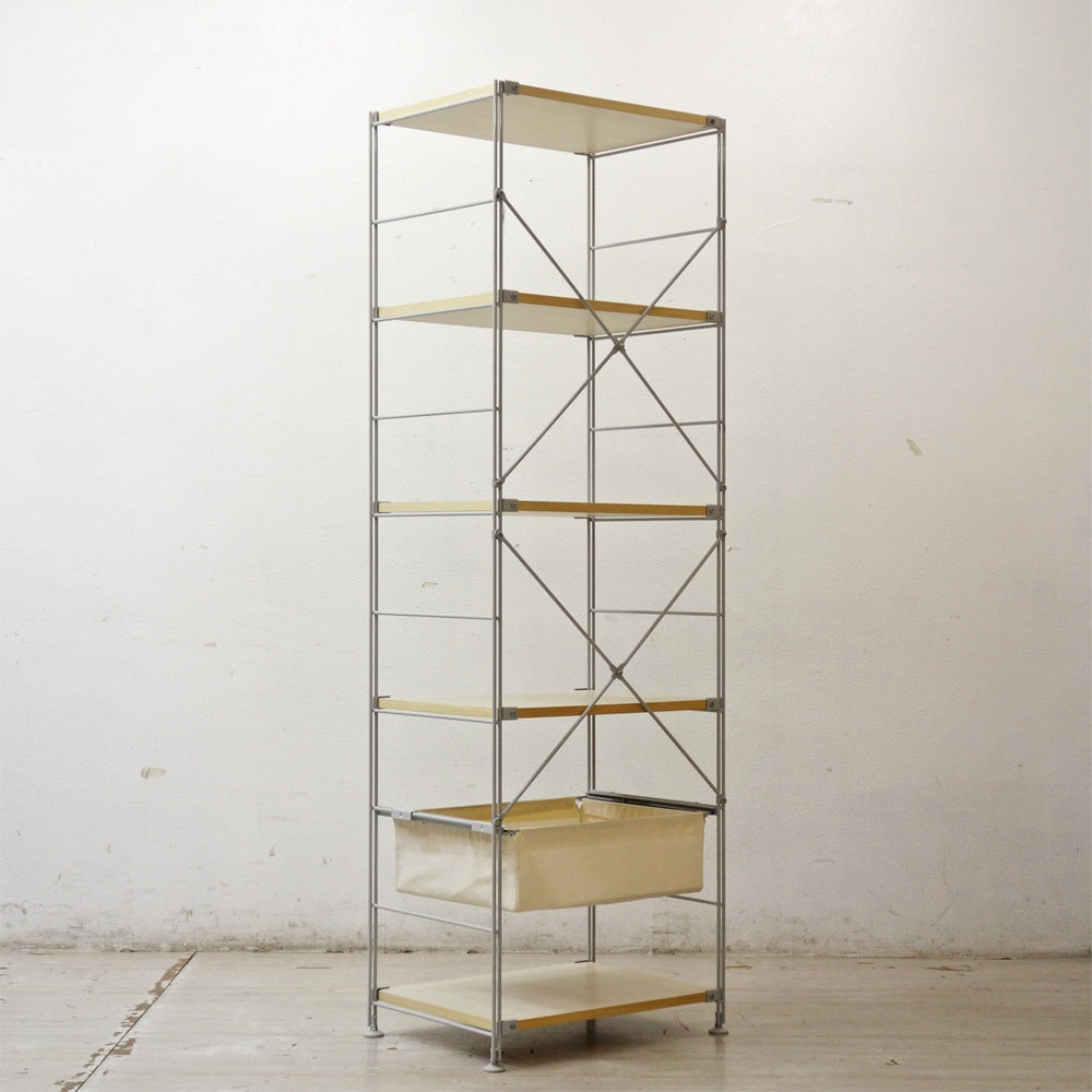 無印良品 MUJI スチールユニットシェルフ オープンシェルフ 5段 W58cm H175㎝ 木製棚板 帆布バスケット ●